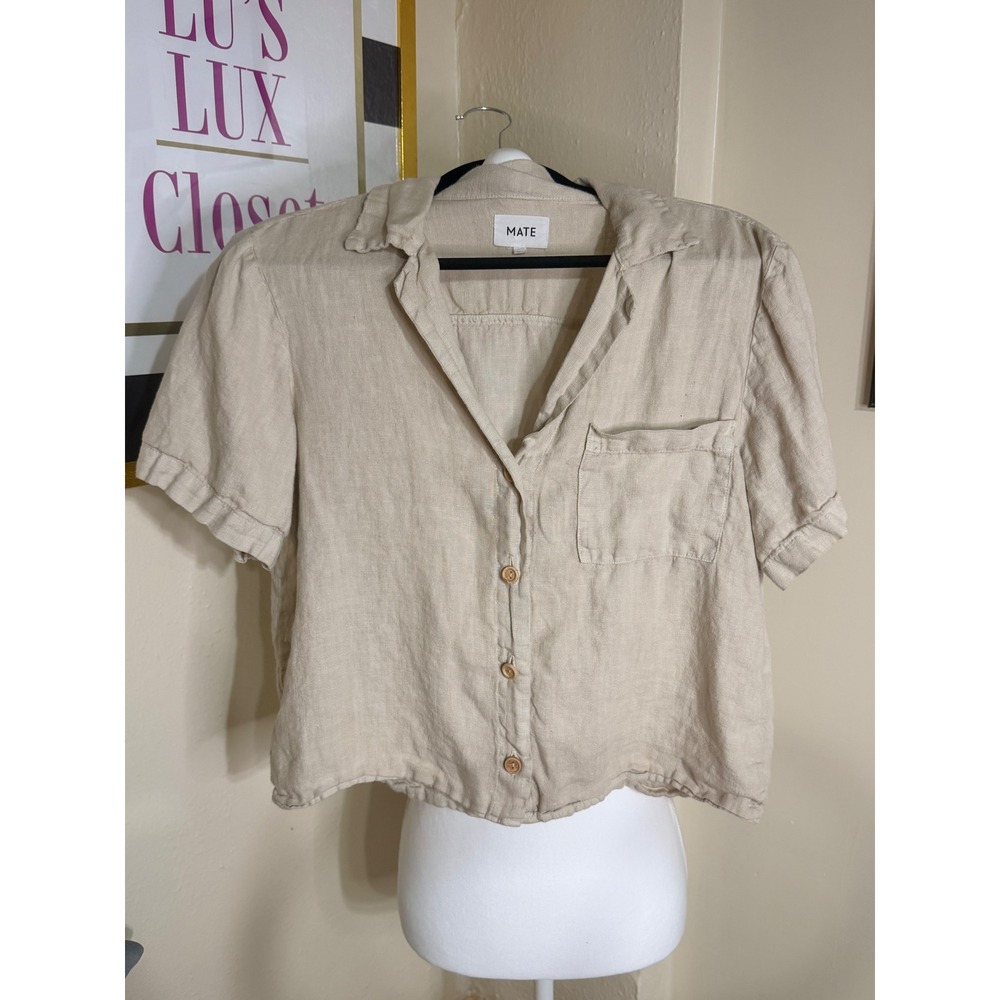 MATE the Label Linen Short Sleeve Button Down Shirt Oatmeal Beige Crop Top L